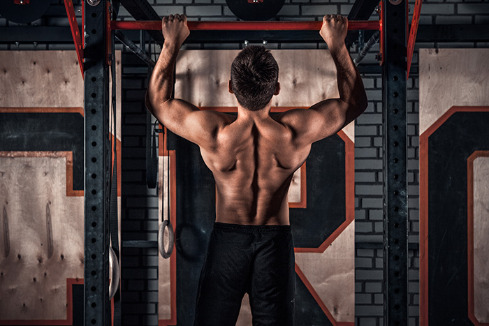 Topless man pullup best back bicep workout muscle strength